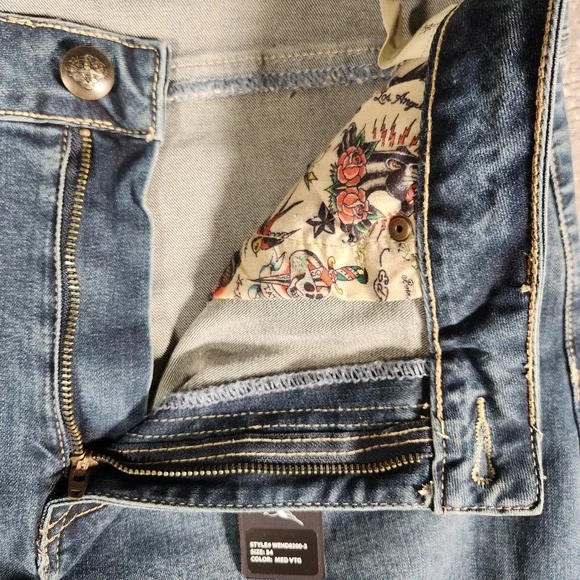 Ed Hardy Jeans Women's Size 34 Blue Wide Leg Embroidered Tattoo Print WEHD8300-3